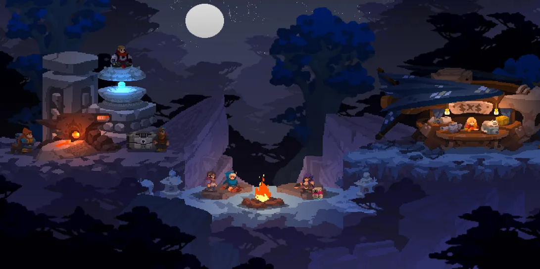 Aegis Defenders characters around the fire