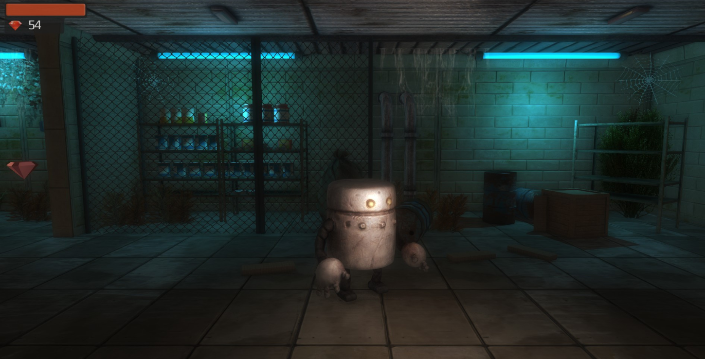 Scrap Garden robot in a dark room